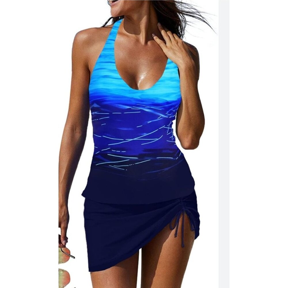 Rekita Womens Plus XXL Blue Ombre Tankini Swimsuit Skirt Bottom Adj Halter Neck